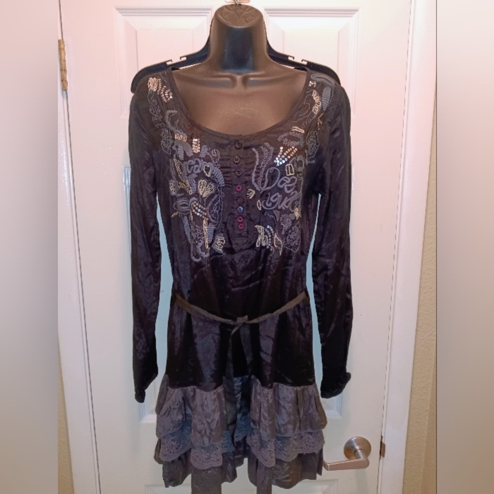 Desigual Black and Gray Embroidered Tiered Hem Long Sleeve Tunic Dress S/M